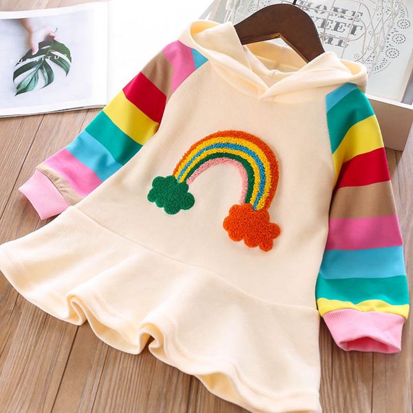 

new baby girl clothing dress long sleeve hoodies rainbow print ruffles design spring fall princess girl dress, Red;yellow