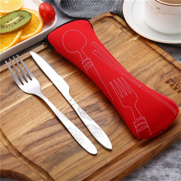 

hifuar 3pcs/set stainless steel tableware set kids travel camping cutlery set fork dinner dinnerware case kit with cloth bags