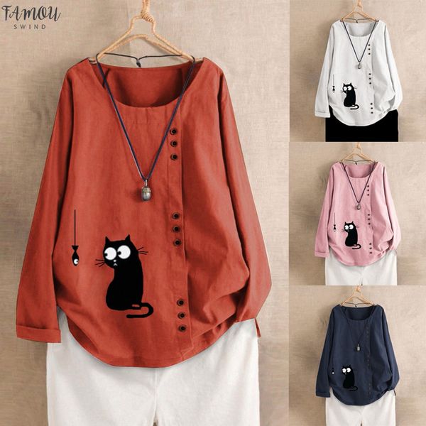 

women blouse autumn fish print long sleeve cotton linen shirt womens regular and blouses blusas mujer de moda 2020, White