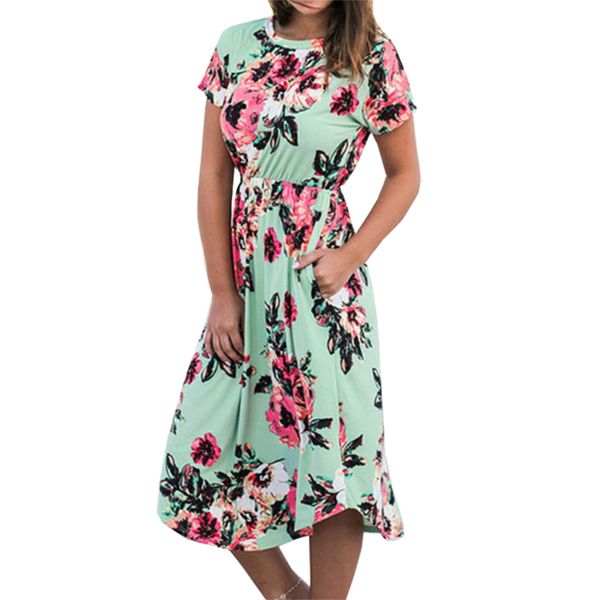 New Summer Floral Dress Casual Femme Flower Print Boho Dreeses Pocketsshort Sleeve Midi Dress Robe Femme Sweet Sundreses Gv879 B Petite Dress Petite