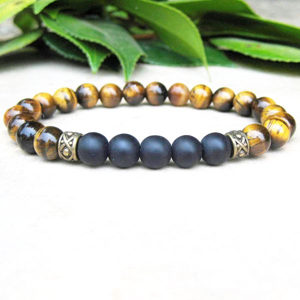 

wholesale 6 mm men's tiger's eye mala bracelet black onyx stretch bracelet meditation energy strength, Golden;silver