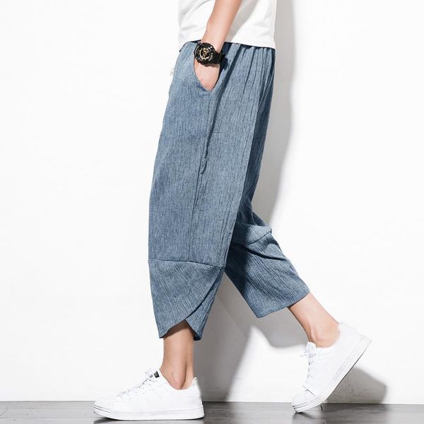 

men's chinese casual wind linen pants loose large size cropped trousers beach pants male sweatpants cargo harem streetwear, Black