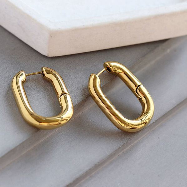 

srcoi new simple design geometric rectangular lock buckle gold color metal brass oval hoop earrings for women party punk jewelry, Golden