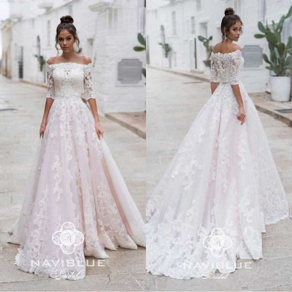 

2020 naviblue baby pink half sleeves wedding dresses with removable jacket bridal dress lace applique plus size wedding gowns