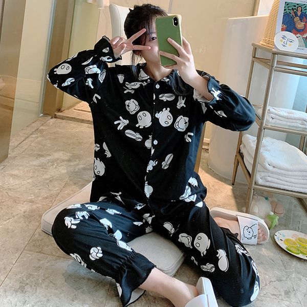 

2020 spring and autumn new fashion pajama sets for women 2 pcs long sleeve trousers pyjamas loose leisure sleepwear, Black;red