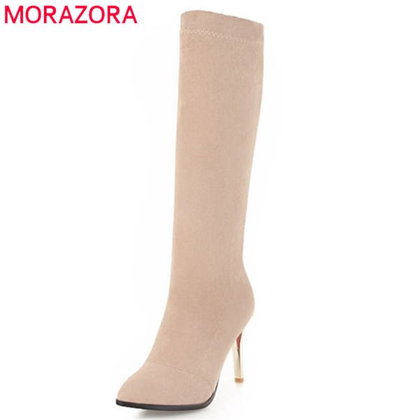

morazora 2020 new arrival flock pointed toe autumn winter lady boots slip on solid color party knee high boots high heels shoes, Black