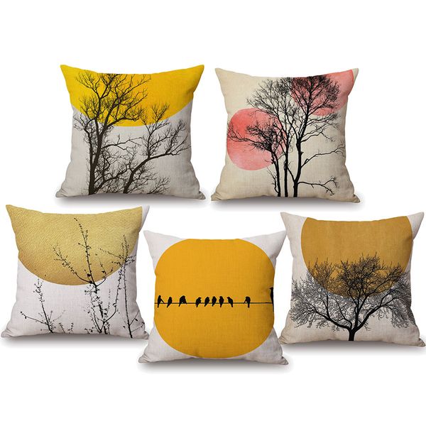 Watercolor Sun Flying Birds Tree Cushion Covers Palm Leaf Feather