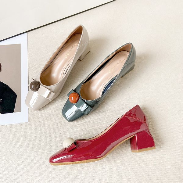 

34-43 over size patent leather square round buckle pumps square toe slip on work shoes shallow chunky med high heels women shoes, Black