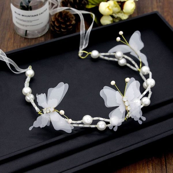 

korean beautiful bride wedding accessories, handmade beaded crystal white butterfly hair with soft chain headdress, Golden;white