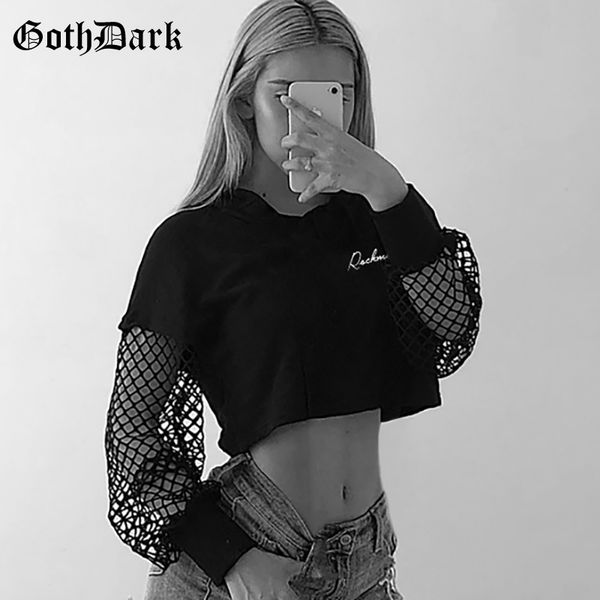

goth dark women hoodies sweatshirt cool fashion fish mesh sleeve patchwork gothic navel black 2019 loose casual hooded