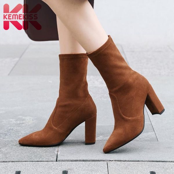 

kemekiss women high heel boots warm stretch warm winter shoes women office lady spike heel shoes mid calf boots size 33-39, Black