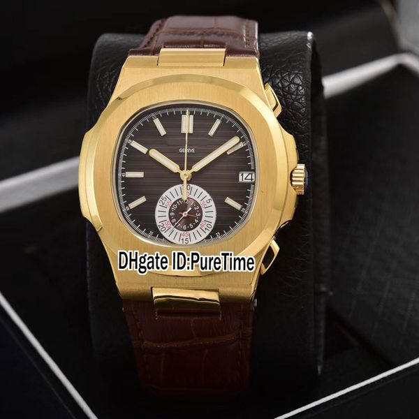 

new classic 5980 yellow gold case brown texture dial miyota quartz chronograph mens watch brown leather watches satch puretime pb303c3, Slivery;brown