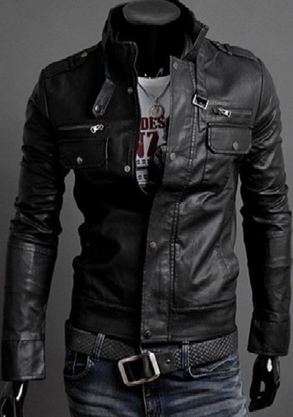 

men's leather jacket with multiple zippers men's motorcycle leather jacket with stand collar, Black