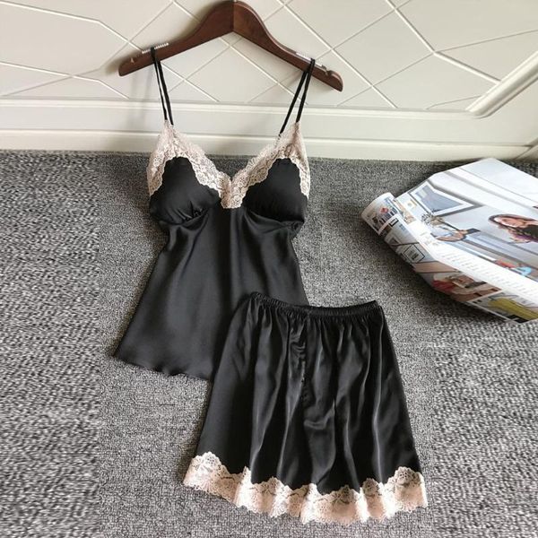 

women satin lace sleepwear babydoll lingerie nightdress pajamas v neck sling nightie pijamas feminino underwear 2pcs@5, Black;red