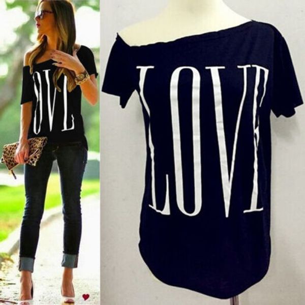 

fashion women loose casual short sleeve shirt ladies letter love black grey red blue four color, White