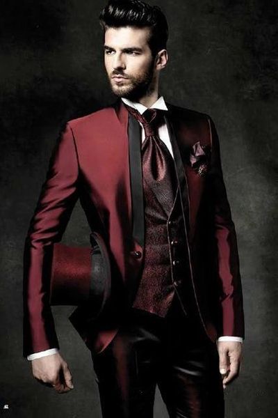 

one button shiny dark red groom tuxedos stand collar groomsmen man suits mens wedding suits(jacket+pants+vest+tie), Black;gray