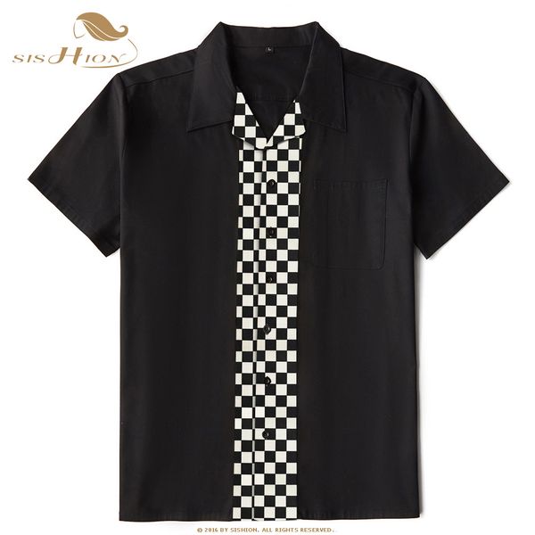 

sishion 2020 summer cotton men shirt st125 50s 60s bowling vintage rock black plaid shirt plus size overhemden heren, White;black