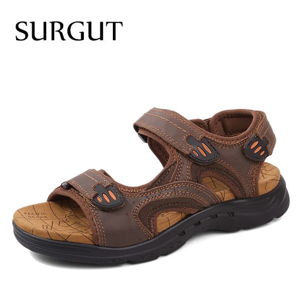 

surgut men sandals genuine leather summer slippers breathable comfortable hook-loop beach men casual shoes plus size 38-47, Black