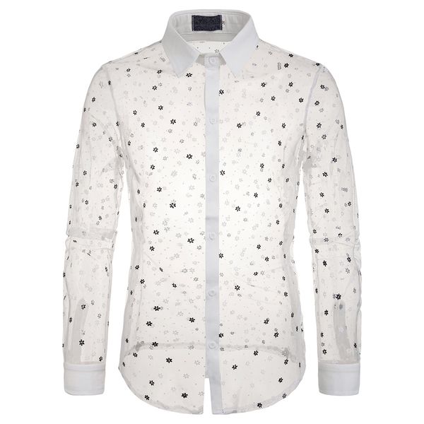 

heflashor 2019 men's autumn shirt stage slim fashion snowflake print lapel shirt casual transparent men's long sleeve, White;black