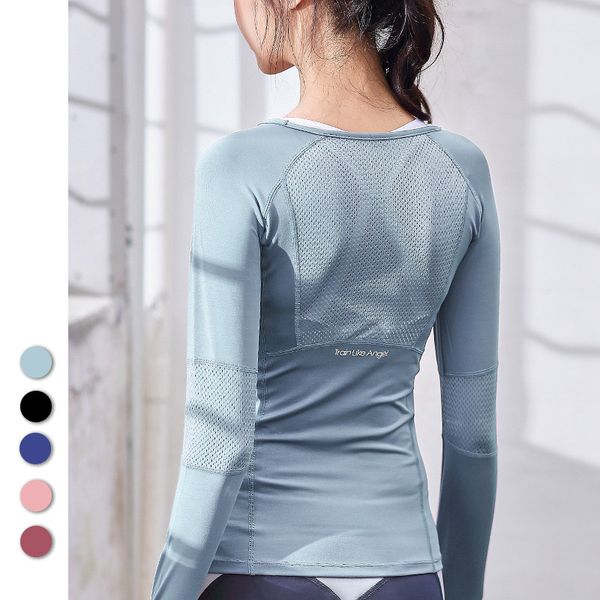 

2020 new blue and black rose sports gym ladies fitness t-shirt women long sleeve yoga mesh ladies gym sportswear, White;red