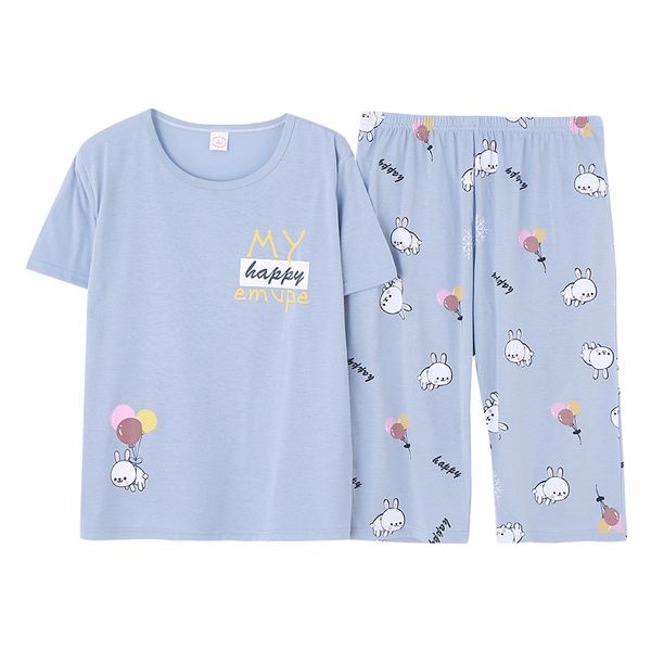 

plus size light blue cartoon print pajama set summer casual pajamas for women sleepwear female short sleeve nightwear -5xl, Blue;gray