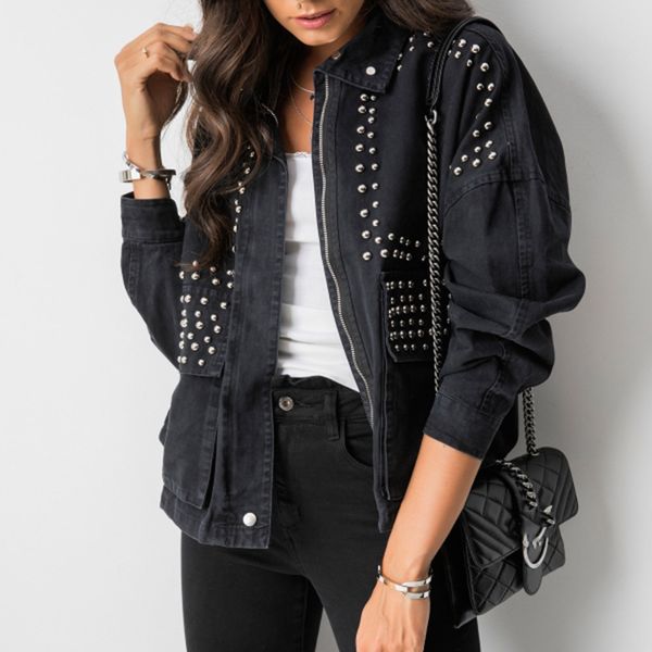 

women cool harajuku rivet jacket coat korean short black jeans jacket beading black basic coat outfit long sleeve zipper, Black;brown