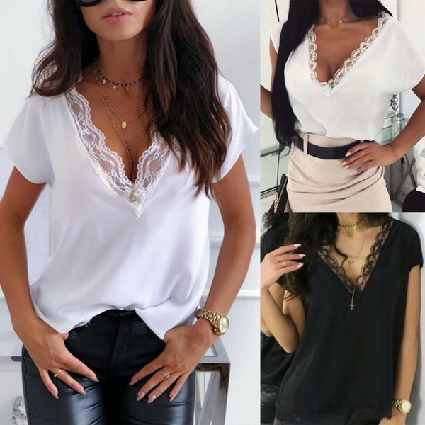 

Womens Deep Lace V Neck Short Sleeve Top Blouse Summer Beach Solid Loose T Shirt