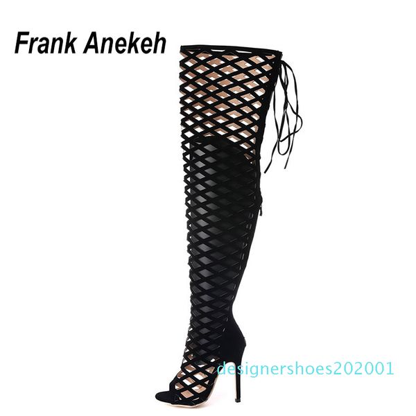 

thigh high gladiator sandals boots women peep toe netted cut-out over knee gladiator boots high heel sandal black d01
