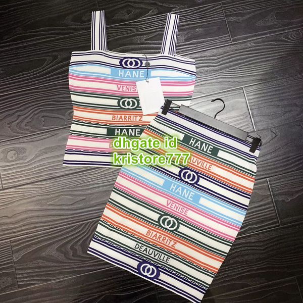 

Women knitted two piece dre multicolor triped letter print top knitted weater t hirt knee lenghth kirt ca ual dre kintwear et