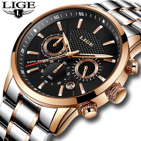 

lige new men casual sports quartz watch fashion full steel mens watches men waterproof clock relogio masculino, Slivery;brown