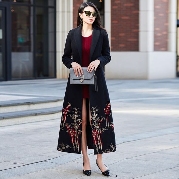 

2019 autumn winter wool blend coat women v neck x-long jacket street wear slim woolen outwear black embroidery overcoat female
