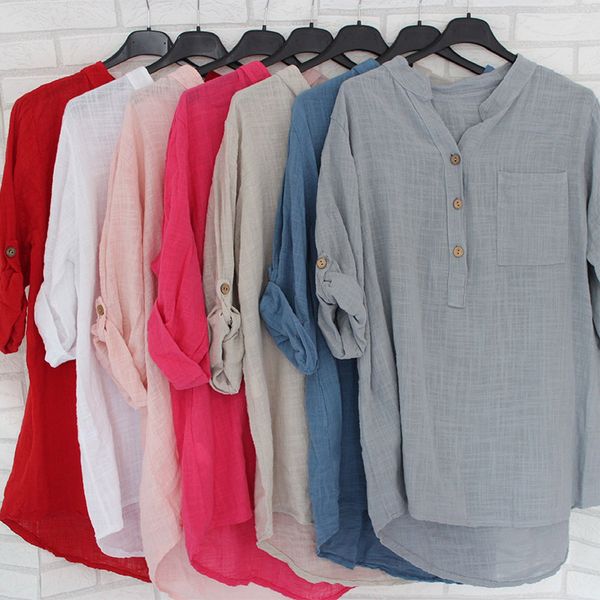 

womens cotton linen stand collar shirt plus size 5xl white solid pocket womens shirts 2020 summer spring loose female