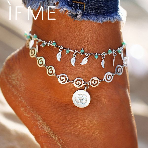 

if me bohemian multiple layers anklets for women vintage silver color leaf beads pattern pendant foot ankle beach jewelry, Red;blue