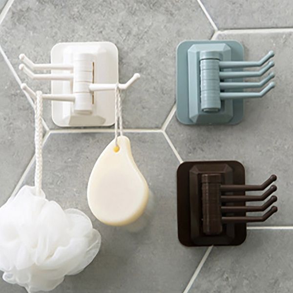 

1pcs seamless adhesive hook rotatable strong stick 4 linked hooks kitchen wall hanger shelf bathroom kitchen hooks dropshipping