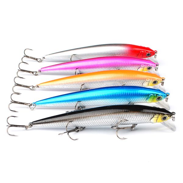 DHL-Versand Großhandel 5 Farben Kunststoff 3 Haken Minnow Angelköder 12 cm 13,88 g Großer Tiefseebarsch Crankbait Künstlicher Wobbler