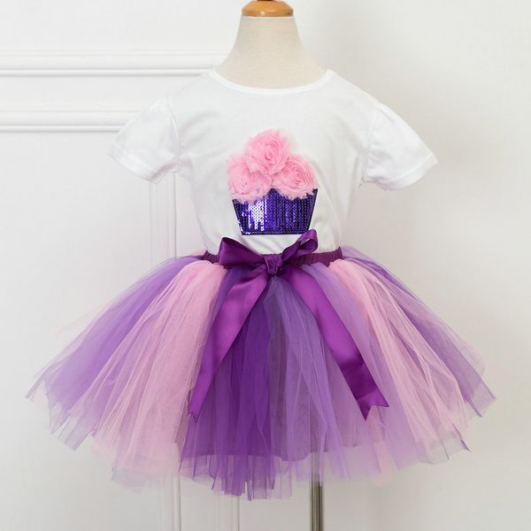 

baby girls clothes set colorful layered dance outdoor rainbow tutu skirt and sequins t shirt skirt set, White