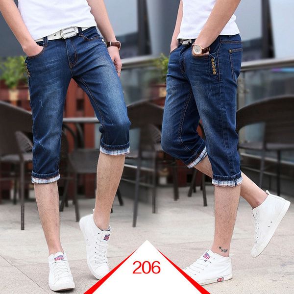 

new summer 2020 fashion teenagers cropped jeans men korean slim denim shorts breeches stretch capric pants men thin 3/4 jeans, Blue
