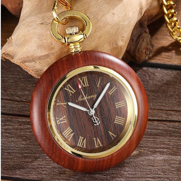 

red rose wood pocket watch quartz waist clock gold chain roman numeral luminous hands fob watches pendant men women, Slivery;golden