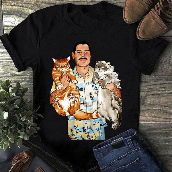 

Freddie Mercury Hug Cats Симпатичная рок-группа Queen Черная футболка Мужской размер M L Xl