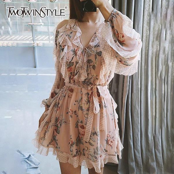 

twotwinstyle вскользь женщин ромпер v шеи высокой талией с длинным рукавом бинты лоскутная сборки печать комбинезон женщины 2019 лето, Black;white