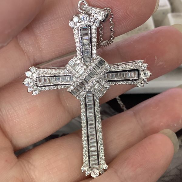 Nuovo stile croce collana vendita calda trasporto di goccia vero argento sterling 925 taglio principessa completa topazio bianco diamante cz collana regalo