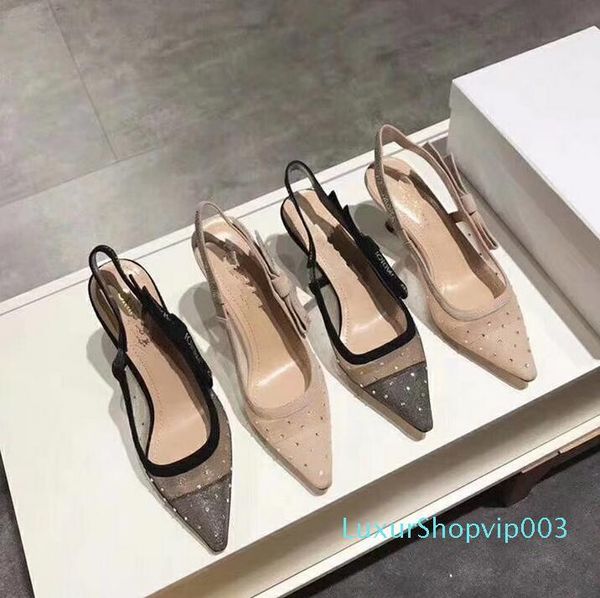 

2019 new luxury high heel with sandals female pointed letter webbing cat with flat shoes, Black