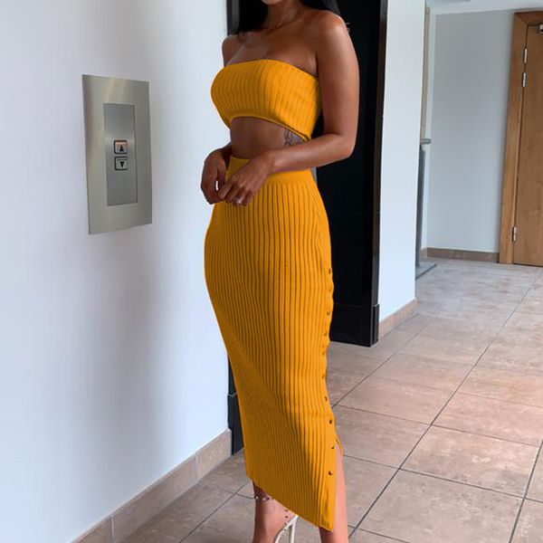 

women s designer 2 piece sets strapless sleeveless 2 piece set ribbed high waist button splits bodycon women christmas femme sets, White