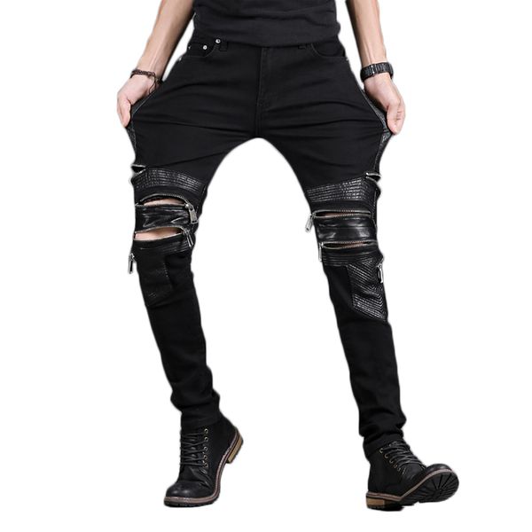 

aboorun fashion mens skinny biker jeans multi zippers pu leather patchwork motor jeans brand for male x569, Blue
