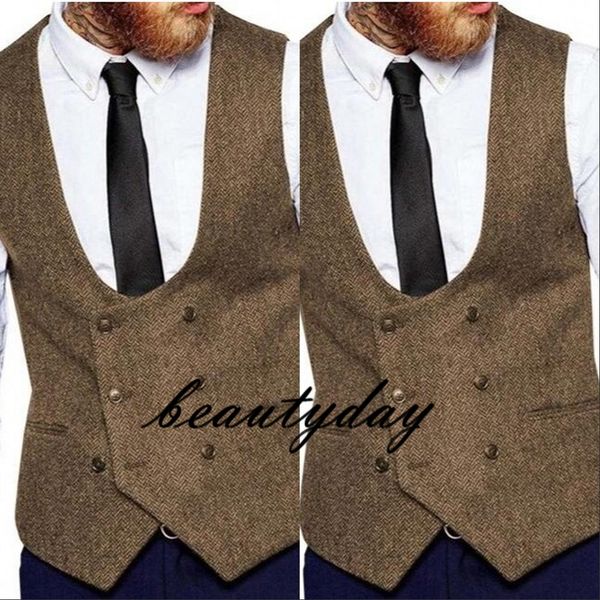 

2020 brown groom vests country wedding wool herringbone tweed vest slim fit men's vest for suit dress waistcoat farm groomsmen attire, Black