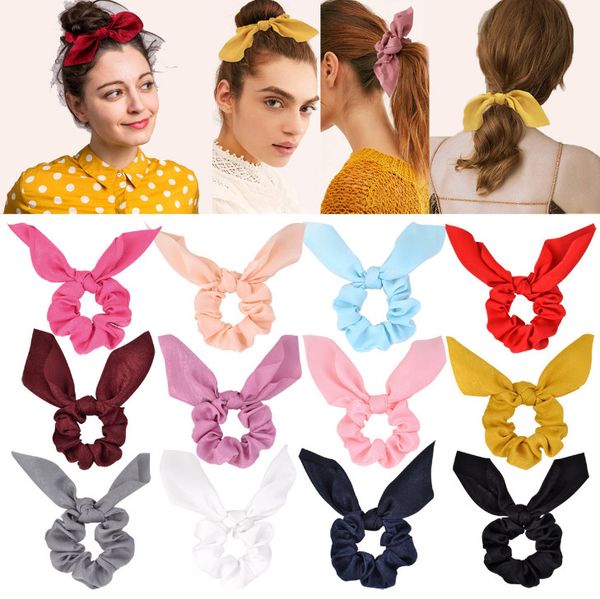 

cute rabbit ear rubber headband for women hair bows ponytail holder scrunchies solid hair ties for girls silks and satins hair accessories, Slivery;white