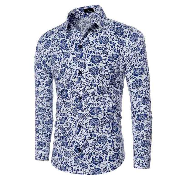 

men's casual shirts fashion spring autumn long-sleeved porcelain flower shirts men slim fit floral shirts 2 colors size m-2xl