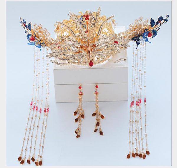 

headwear new chinese wedding garment phoenix crown hair ornament retro-ancient wedding atmospheric dragon and phoenix wear accessories, Slivery;golden
