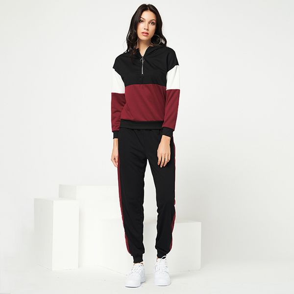 

women's 2pcs trousers set zipper hoodies stripped patchwork peg pants suit, White