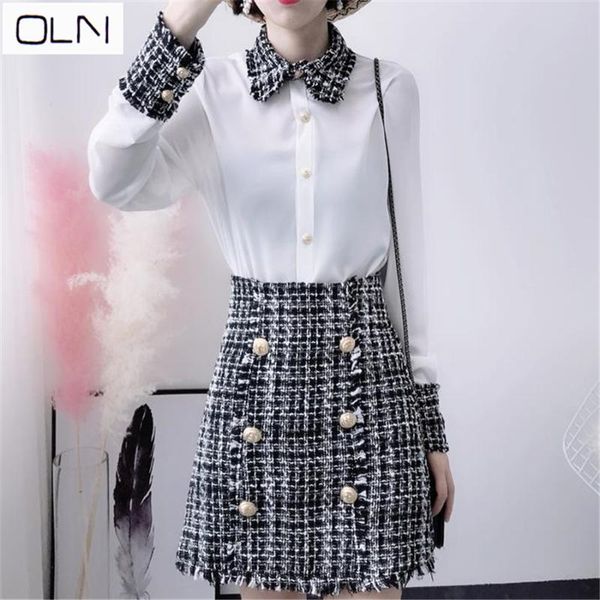 

spring summer elegant women 2 pieces set women tweed tassels chiffon shirt + gold double-breasted woolen pencil mini skirt, White
